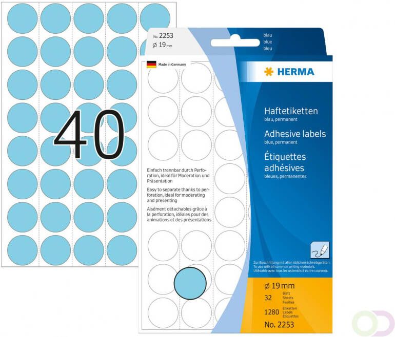 Herma Multipurpose-etiketten Ã 19 mm rond blauw geperforeerd permanent hechtend o